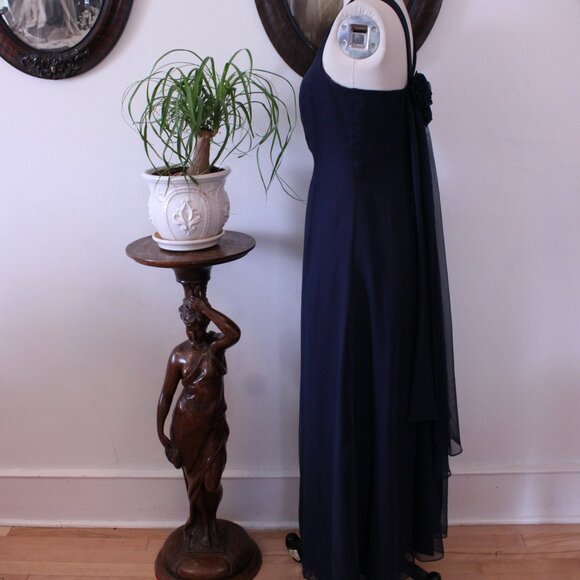 1990's Jordan Navy Chiffon Evening Gown with Back Rosette - Picture 3 of 6